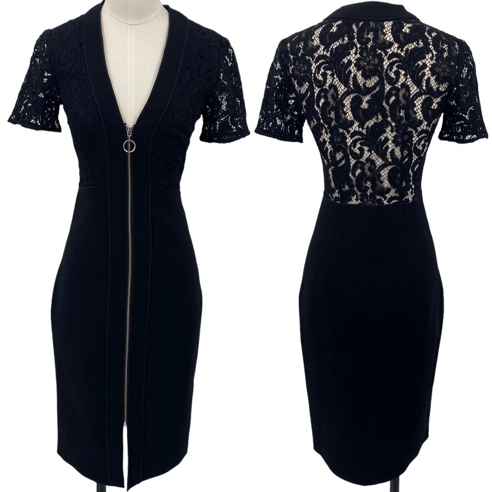 Lover the Label Dress Exposed Front Zipper V Neck Plunge Lace Overlay Black XS